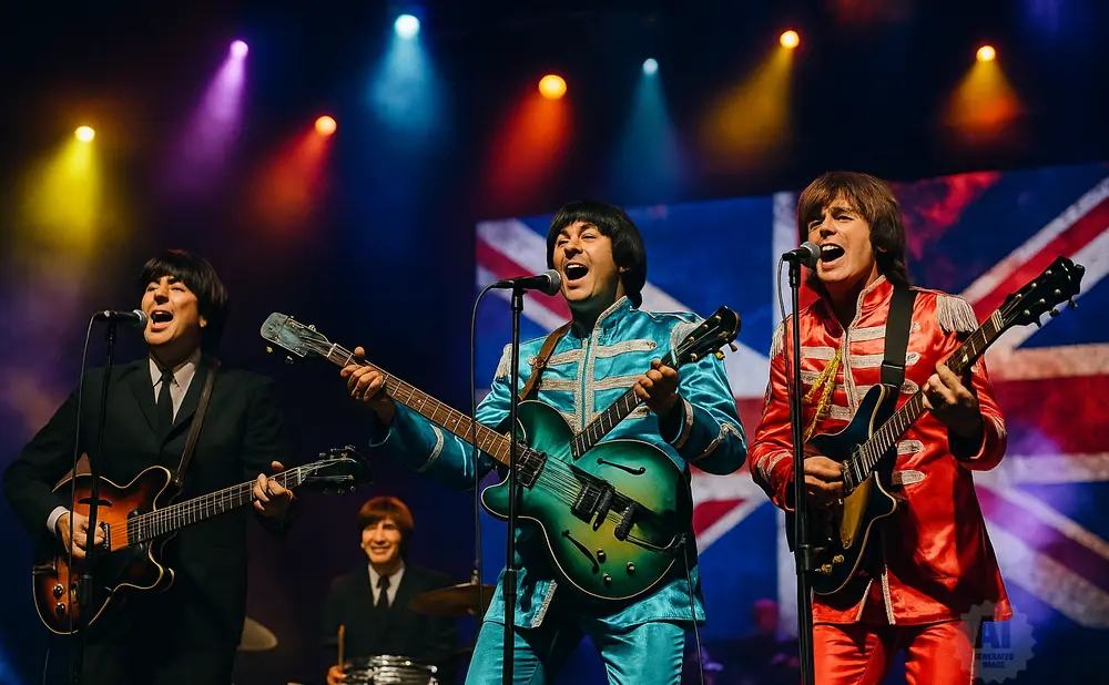 A Beatles tribute band performs on stage, with three members playing guitars and singing, backed by a Union Jack flag.