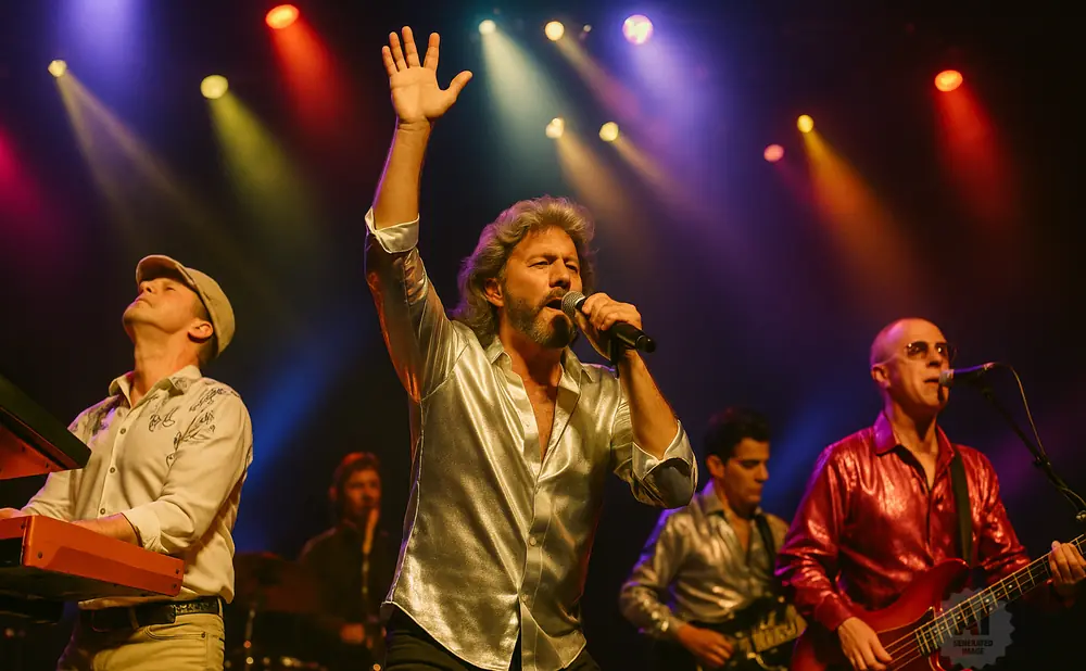 A band performs on stage under colorful spotlights. The lead singer, wearing a shiny silver shirt, holds a microphone and has his arm raised.