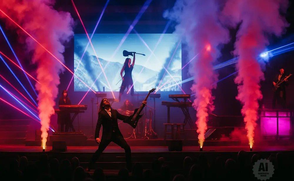 A band performs on stage with smoke, lasers, and a screen showing a mountain scene.