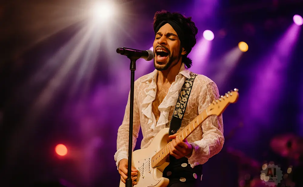 A male singer in a sheer ruffled shirt and polka dot pants plays a white electric guitar under purple stage lights.