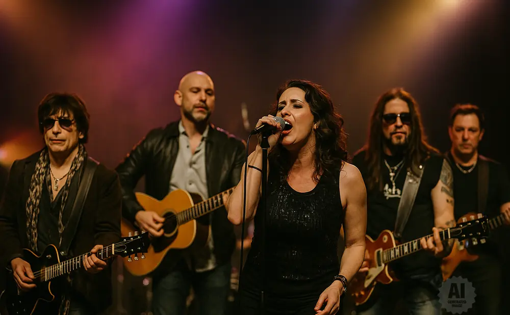 A band of five musicians performing on stage with a female singer in the foreground.