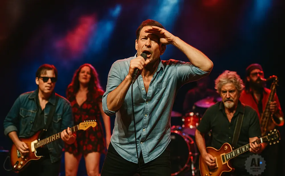 A band performs on stage with a singer in the foreground holding a microphone and shielding his eyes.