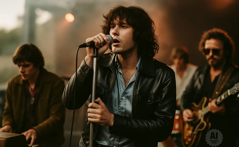 A rock band performs on stage with a lead singer in a leather jacket holding a microphone.