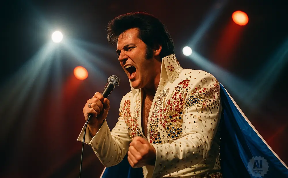 Elvis Presley impersonator singing into a microphone on stage, wearing a bejeweled white jumpsuit and blue cape.