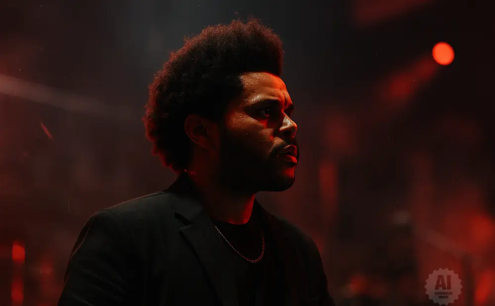 The Weeknd in a black suit and chain necklace, looking to the right, with red lighting and smoke.