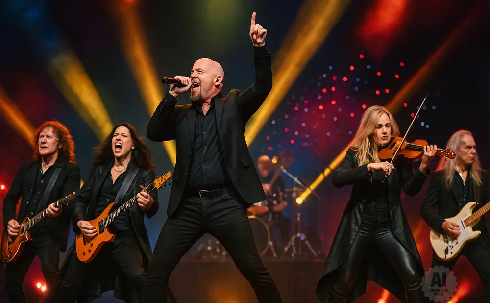 A rock band performs on stage with a lead singer, two guitarists, a violinist, and a drummer.