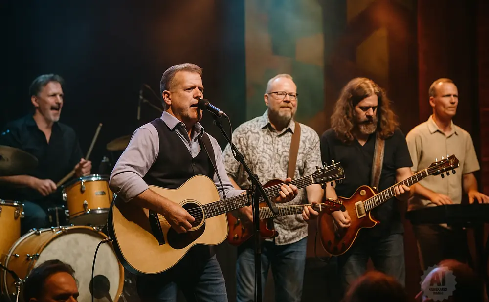 A band performs on stage with guitars, drums, and keyboards.