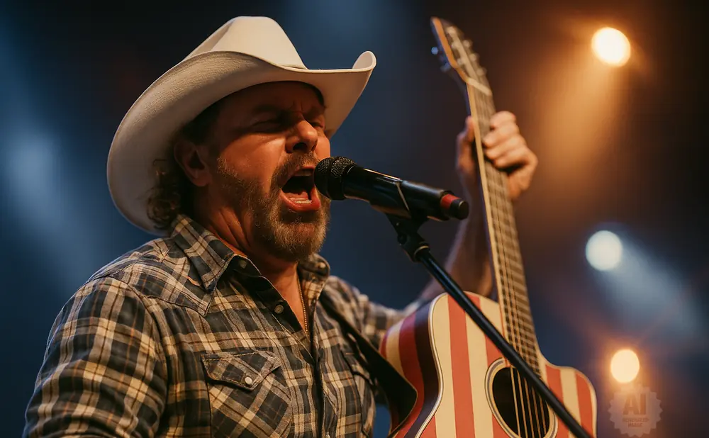 Country singer in a white cowboy hat and plaid shirt performs on stage with a guitar, singing into a microphone.