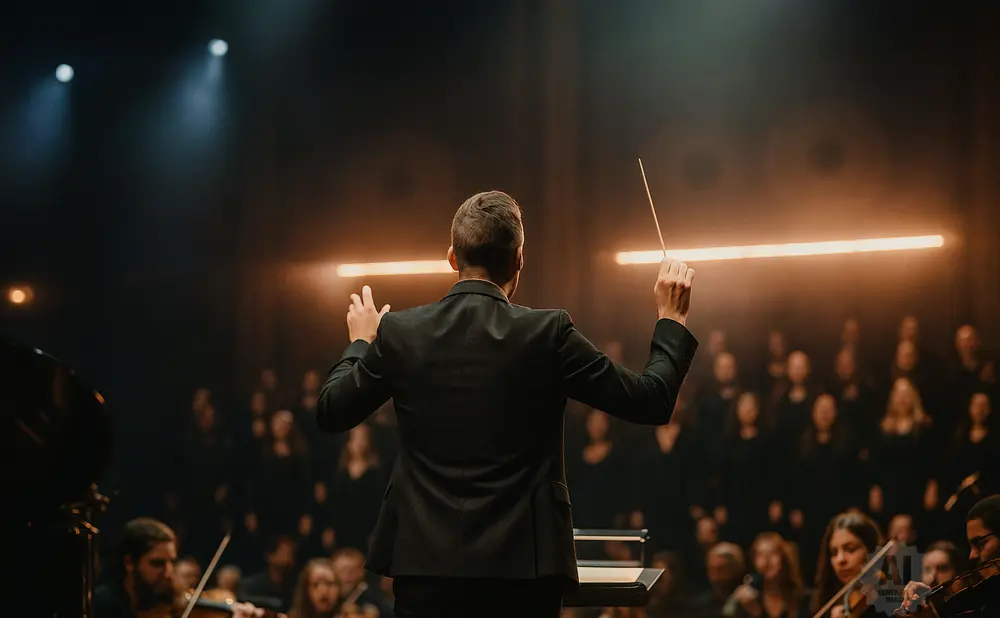 Conductor leading an orchestra and choir on stage with warm lighting.