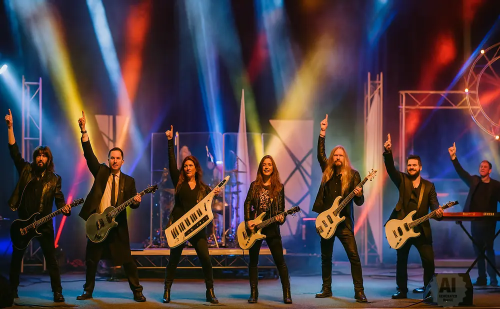 A band of six musicians performing on stage with guitars and keyboards, illuminated by colorful stage lights.