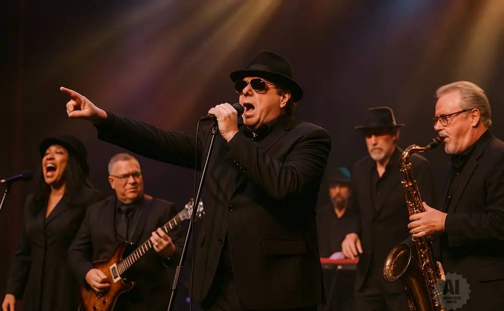 A band performs on stage with a lead singer, guitarist, and saxophonist in the foreground.