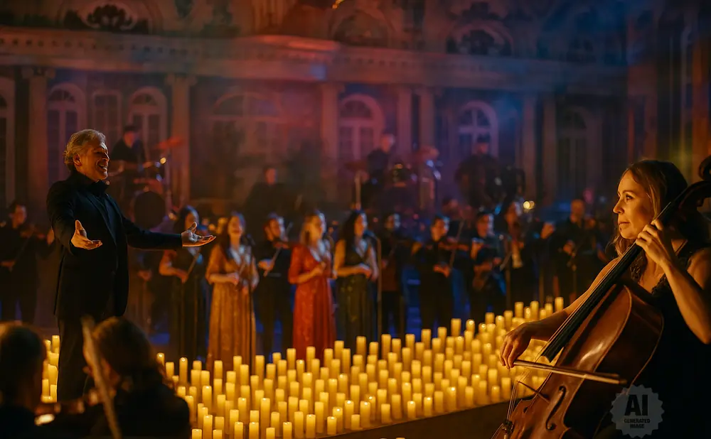 Conductor leads orchestra in a candlelit performance with a cellist in the foreground.