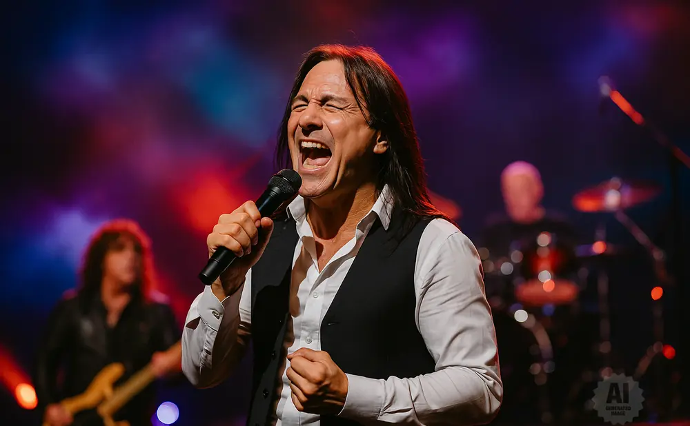 A male singer belts into a microphone on stage, with a guitarist and drummer blurred in the background.