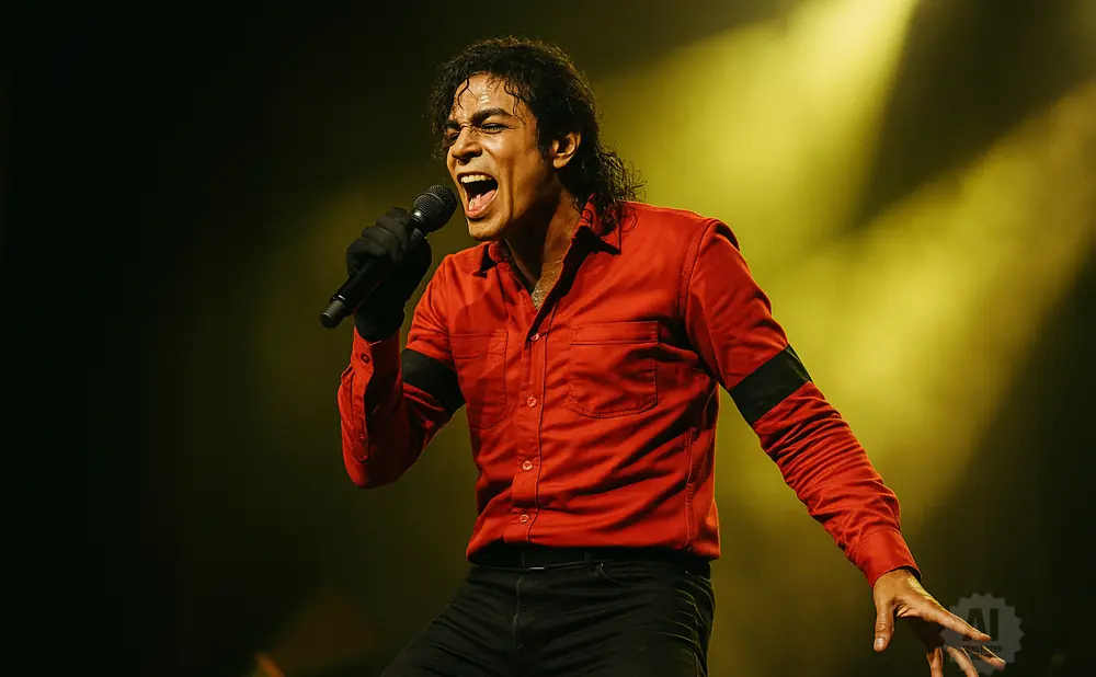 A man in a red shirt and black pants sings into a microphone on a dimly lit stage.