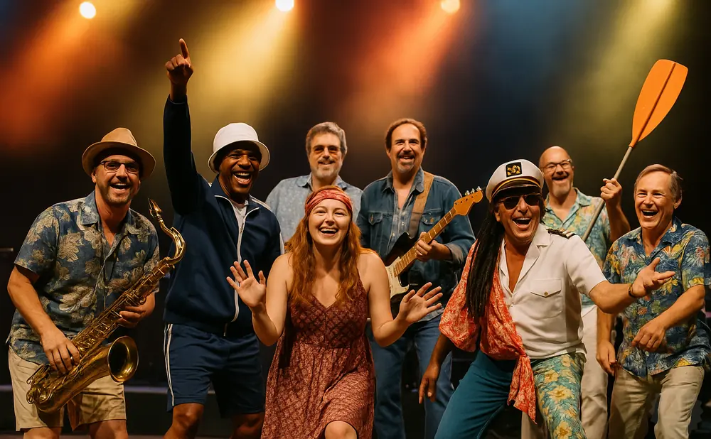 A band of seven people smiling and posing on stage, some holding instruments and a paddle.