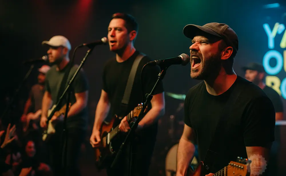 A band performs on stage with two singers in the foreground.