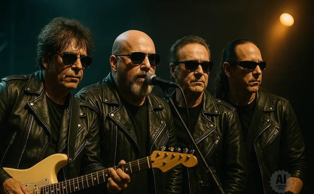 Four men in black leather jackets and sunglasses on stage. One plays a light-colored guitar and sings into a microphone.