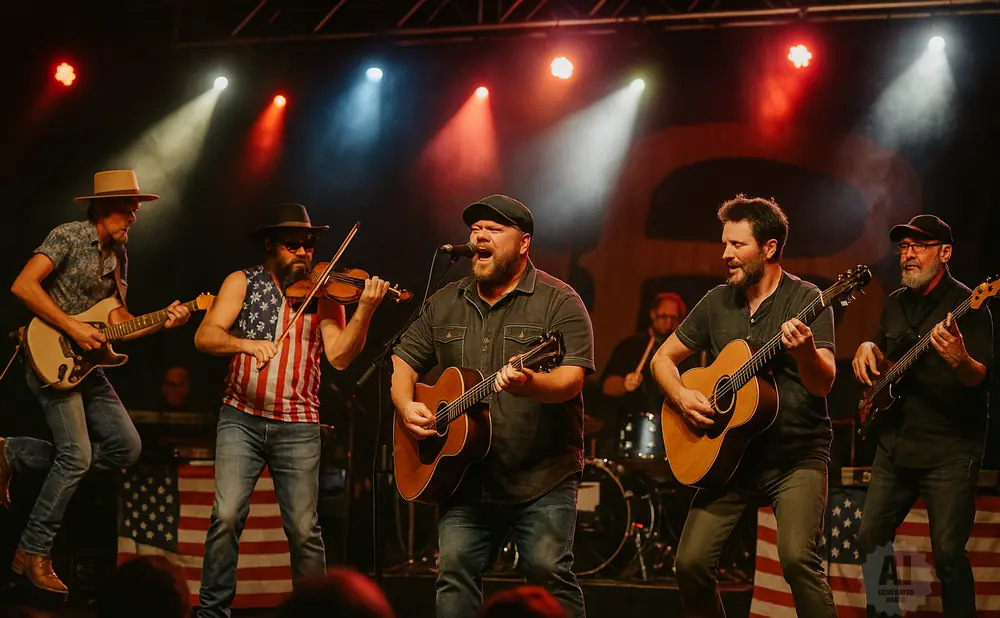 A band performs on stage, with musicians playing guitar, violin, and bass.