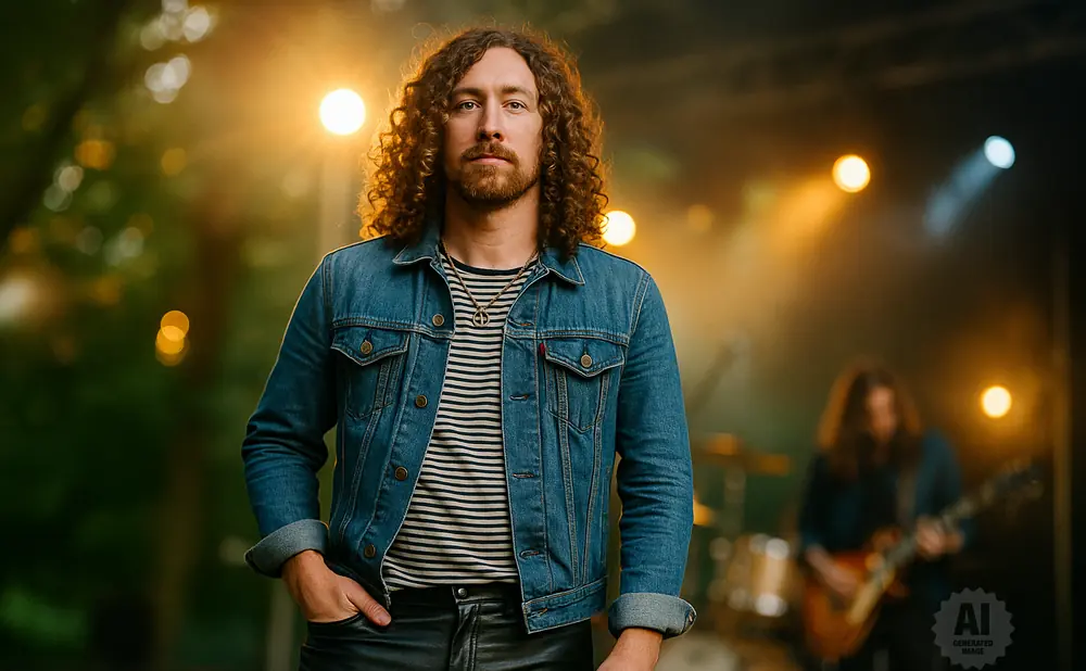 Man with curly hair in a denim jacket and leather pants on stage with a band.