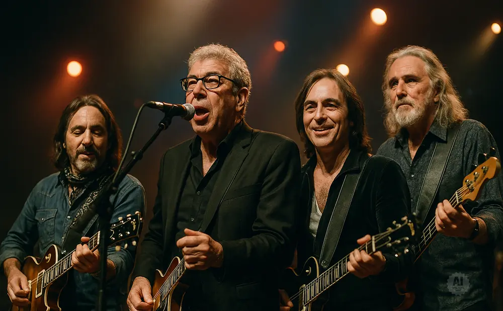 A band of four men play guitars and sing on a dimly lit stage.