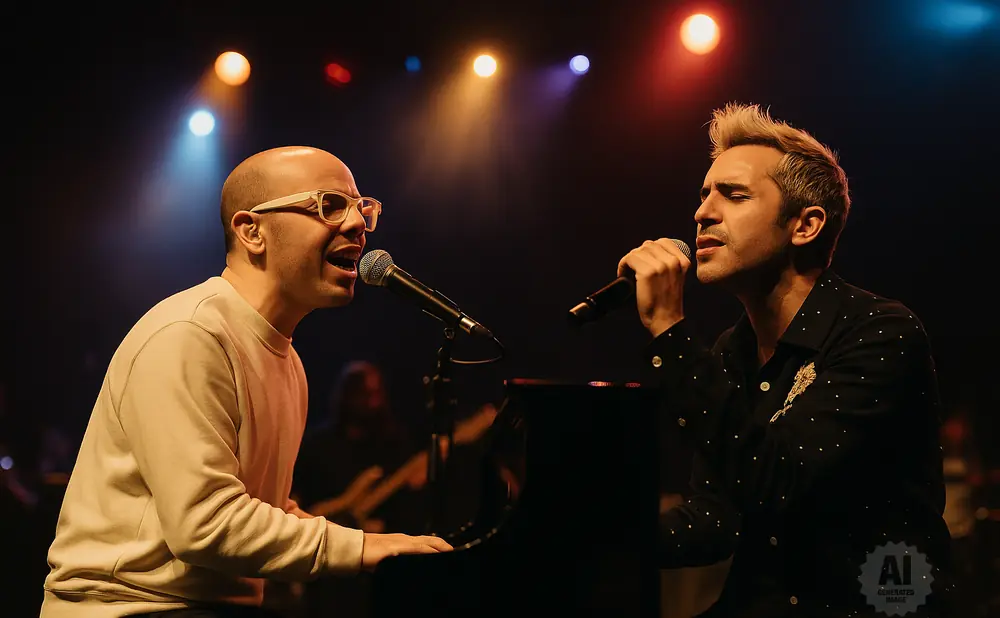 Two men sing into microphones in front of a piano, bathed in colorful stage lights.