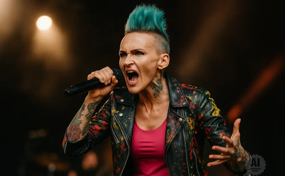 A punk singer with blue hair and tattoos belts into a microphone on stage.