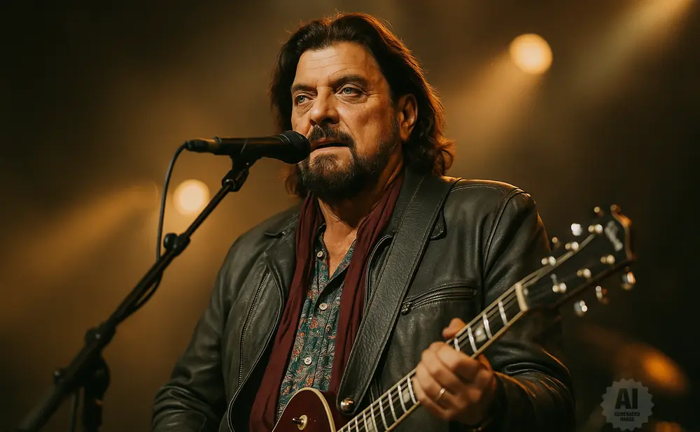 A man with long brown hair and a beard plays a guitar and sings into a microphone.