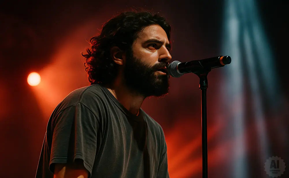 A man with dark, curly hair and a beard sings into a microphone on a dimly lit stage with red and blue spotlights.