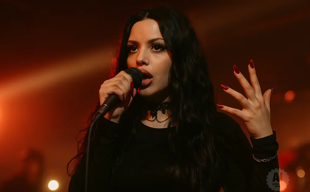 A woman with long dark hair sings into a microphone, wearing a black top and a choker necklace.