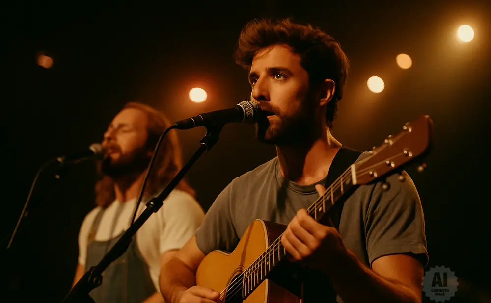 A man plays an acoustic guitar and sings into a microphone on a dimly lit stage, with another singer behind him.