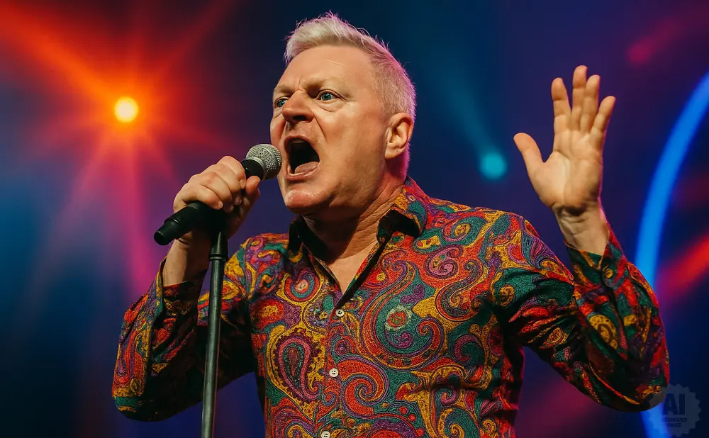 A man with white hair sings into a microphone, wearing a colorful paisley shirt and raising his hand on stage.