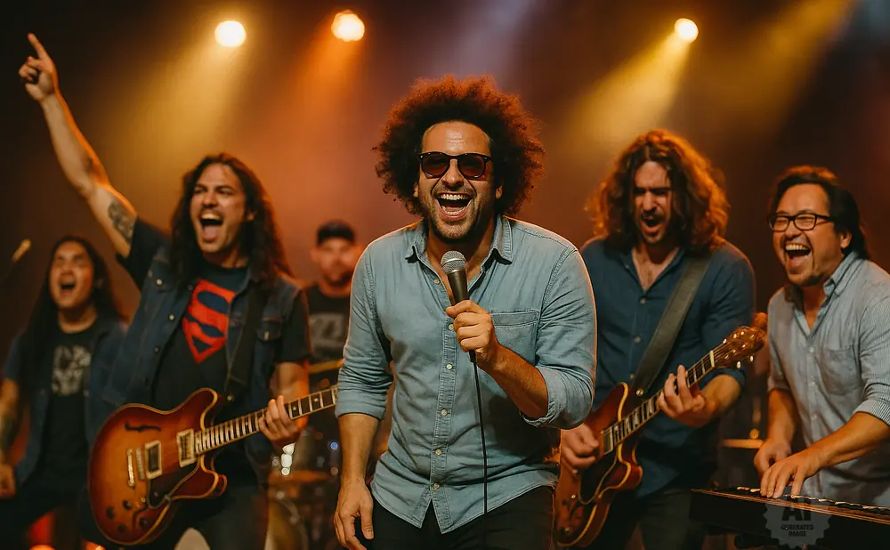 A band performs on stage with spotlights and warm lighting. The lead singer with an afro holds a microphone, smiling.