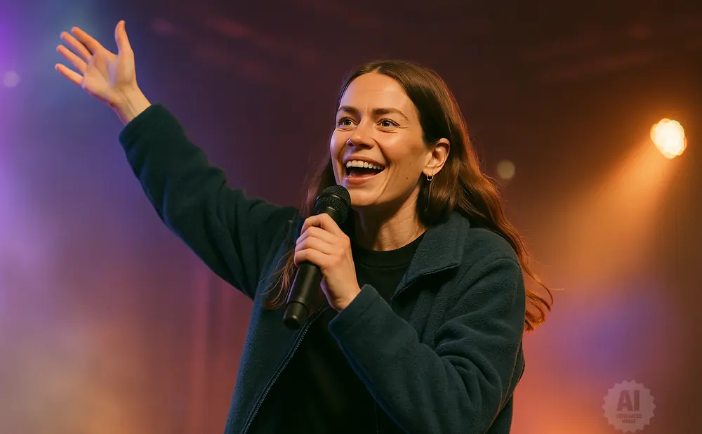 A woman on stage smiles as she holds a microphone and raises her left hand.
