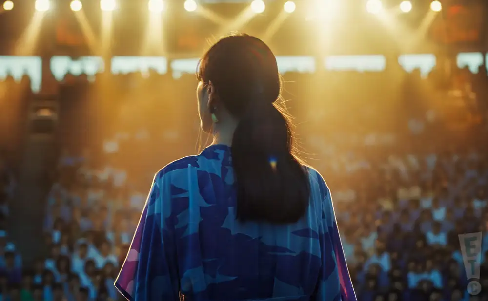 a rear view image of the singer kaori sakakibara from the japanese indie pop lamp band performing live on stage
