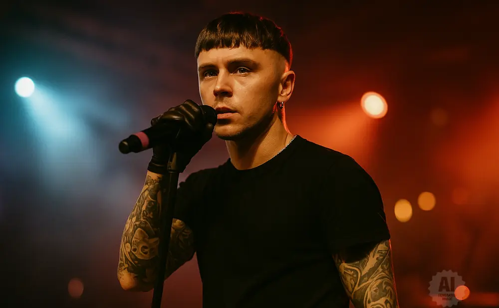 A male singer with tattoos on his arms, wearing black gloves, holds a microphone on stage with blue and orange lights.