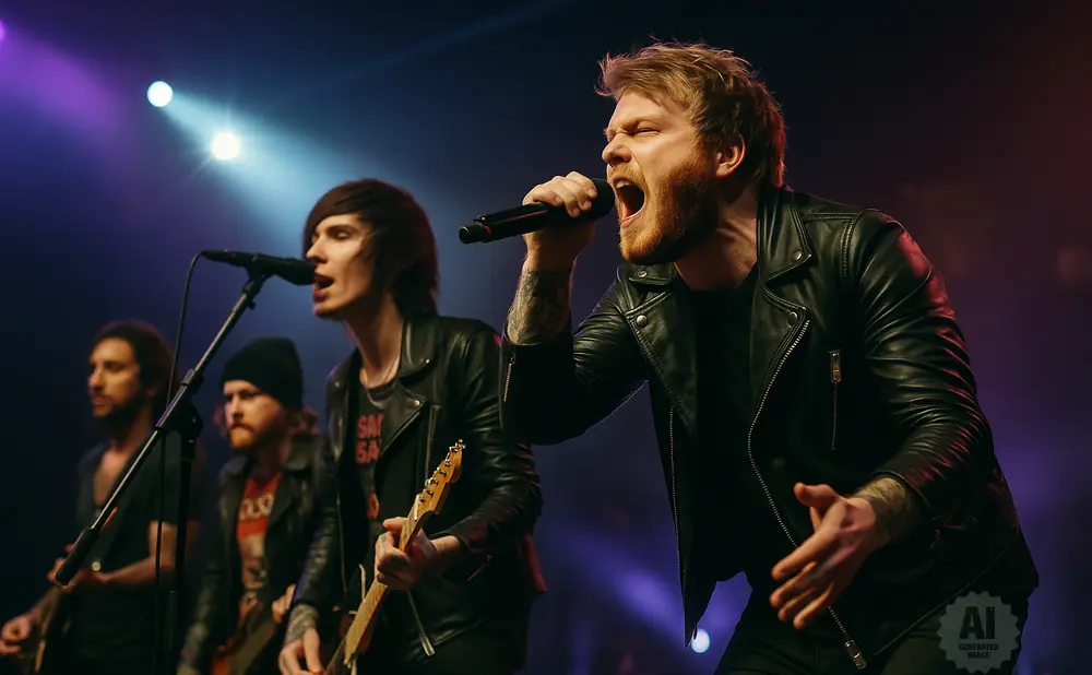 A band performs on stage under purple and blue lights, with a lead singer in a black leather jacket singing into a microphone.