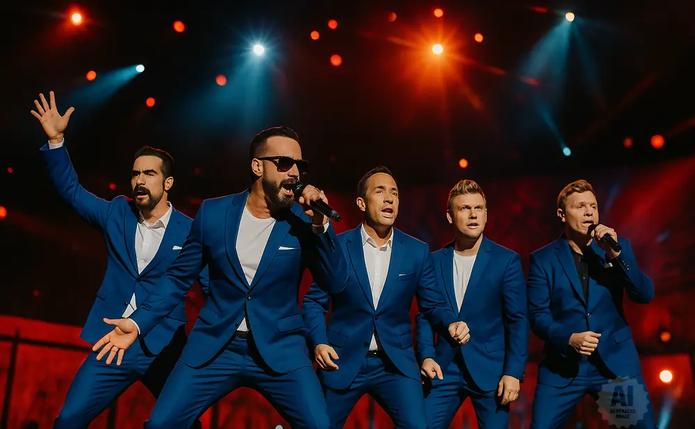The Backstreet Boys perform in matching blue suits, singing on a stage with red and blue lighting.