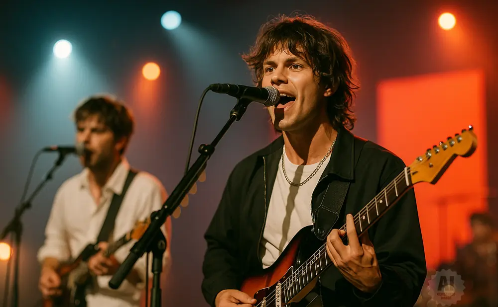 A male singer and guitarist performs on stage with a band, illuminated by stage lights.