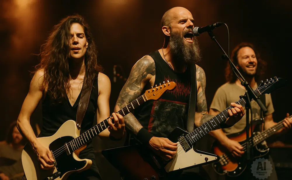 Three band members playing guitars on stage, one singing into a microphone.