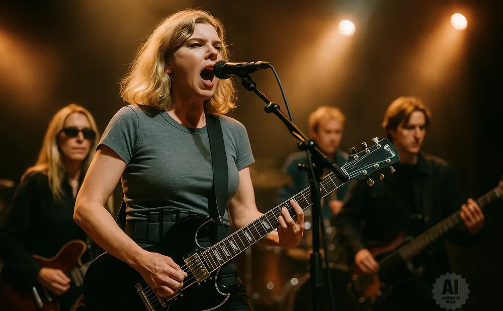 A blonde woman sings and plays a black electric guitar on stage.