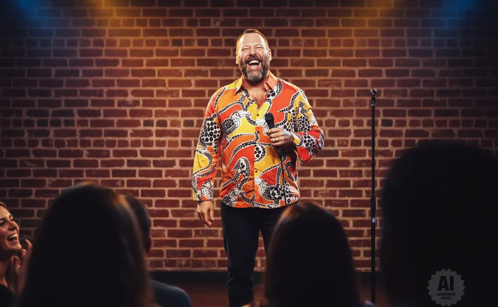 A comedian in a colorful shirt laughs on stage in front of a brick wall, holding a microphone.