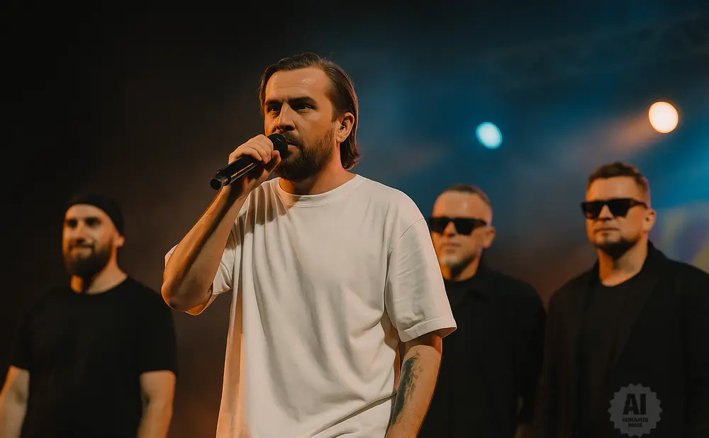 Man in white t-shirt sings into a microphone on stage, with bandmates behind him.