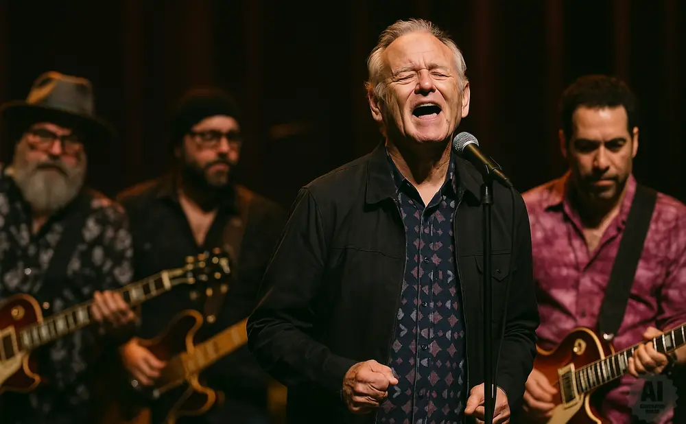 A man sings into a microphone, his eyes closed, while three guitarists play behind him.