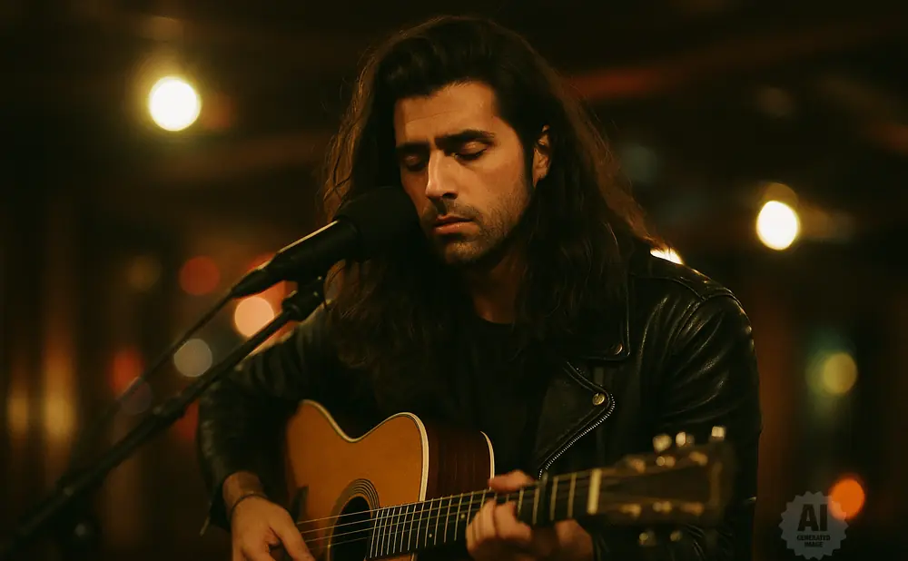 Man with long hair playing an acoustic guitar and singing into a microphone.