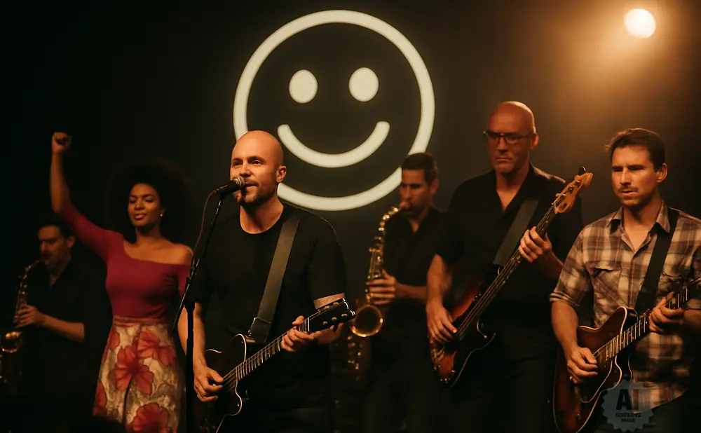 A band performs on stage, lit by spotlights, with a smiley face logo in the background.