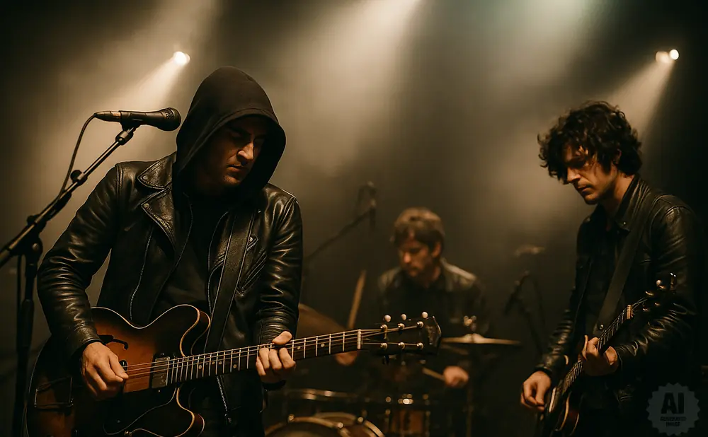 A band performs on stage, with two guitarists in leather jackets in the foreground and a drummer in the background.