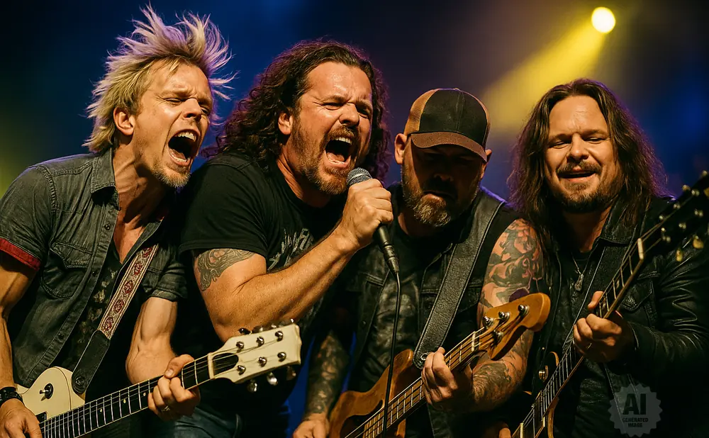 A rock band plays on stage with one singer belting into a microphone and three guitarists.