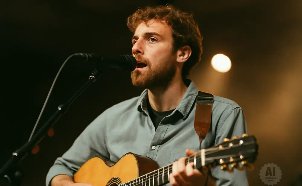 A man with curly hair and a beard sings into a microphone while playing an acoustic guitar on stage.