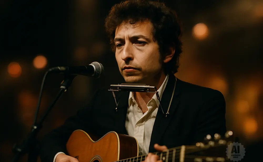 a rear view photo of bob dylan performing a concert on stage to a lively audience