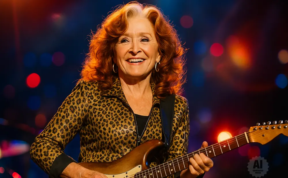 Bonnie Raitt plays guitar on stage wearing a leopard-print jacket.